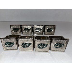 Heavy Cast Metal Leaf Napkin Rings Lot of 8 Square Green Enamel Silver Tone
